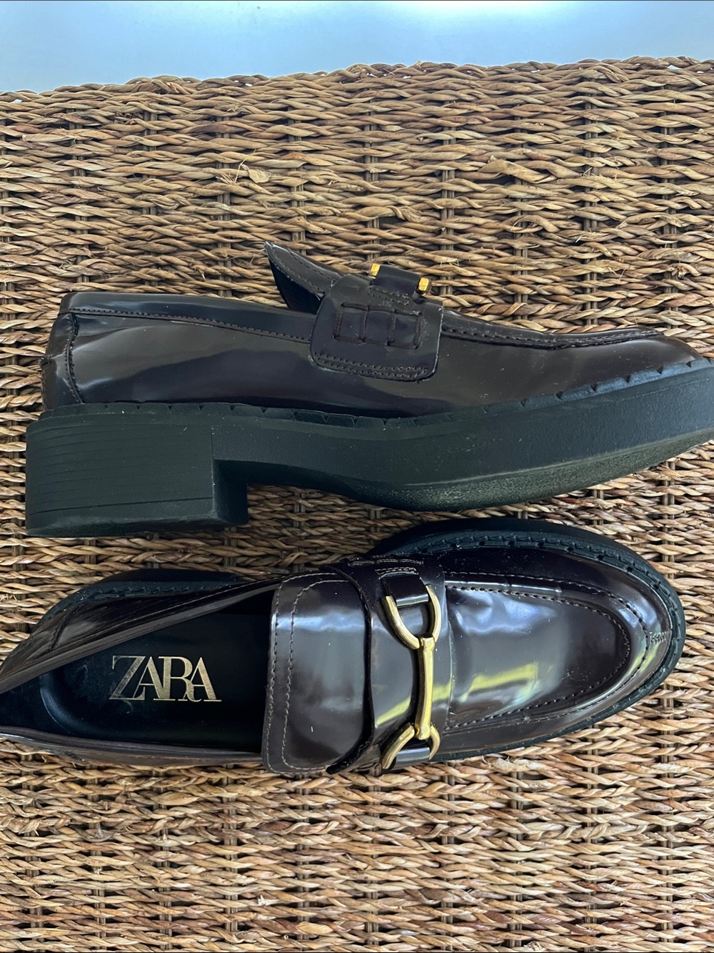 Zara Women’s Glossy Dark Brown Leather Bit Loafers with Gold Hardware
